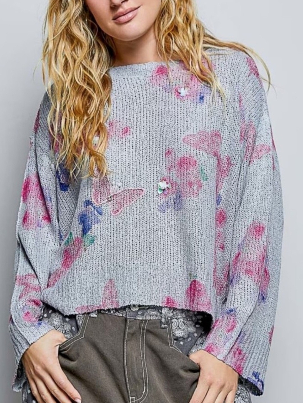 POL light Gray Floral Print Knit Sweater